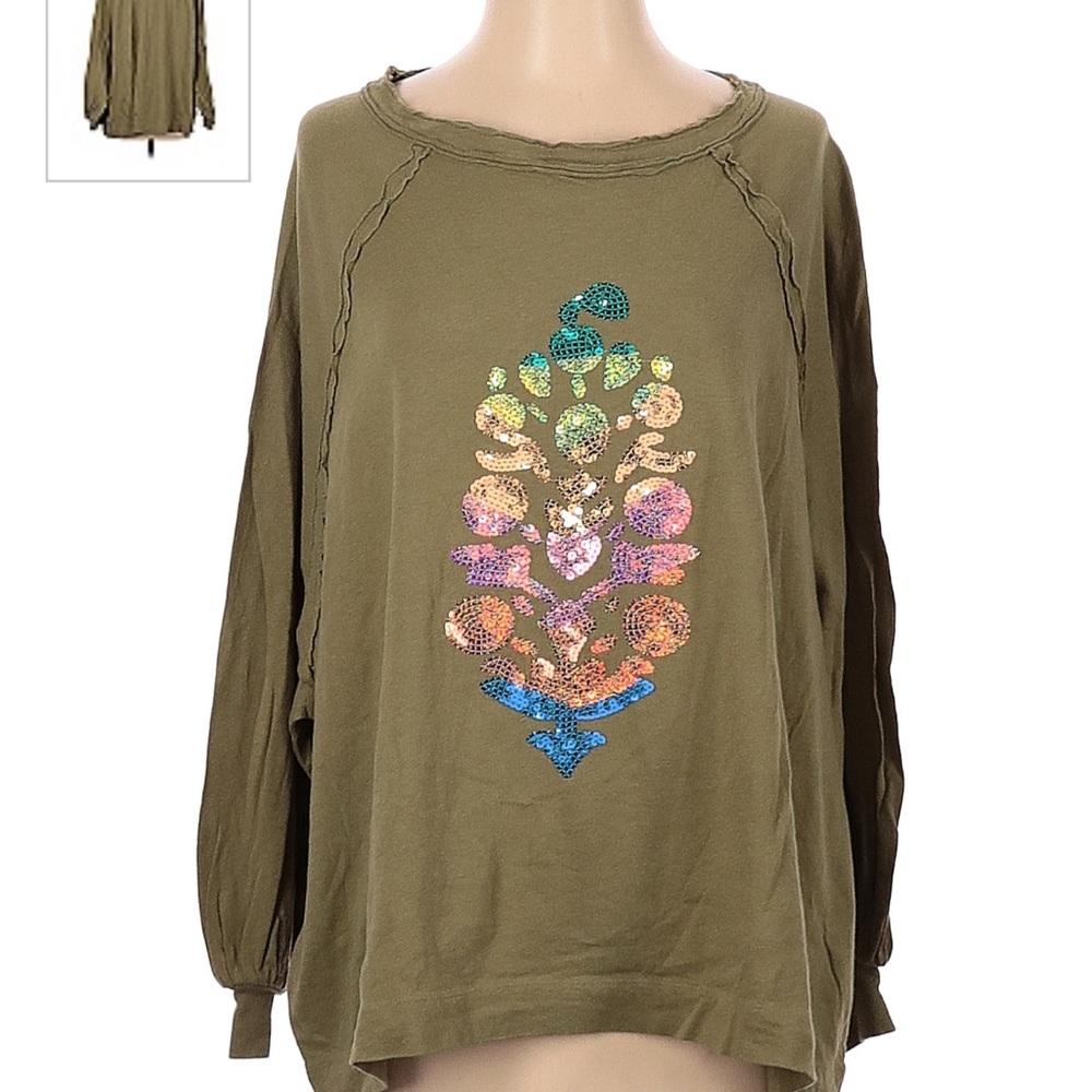 FP Movement by Free People Olive Green Long Sleeve Sequin Front Tee